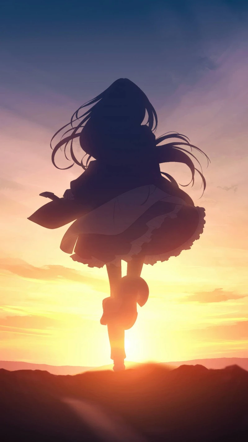 Silhouette of Anime Girl at Sunset 4K Mobile Wallpaper