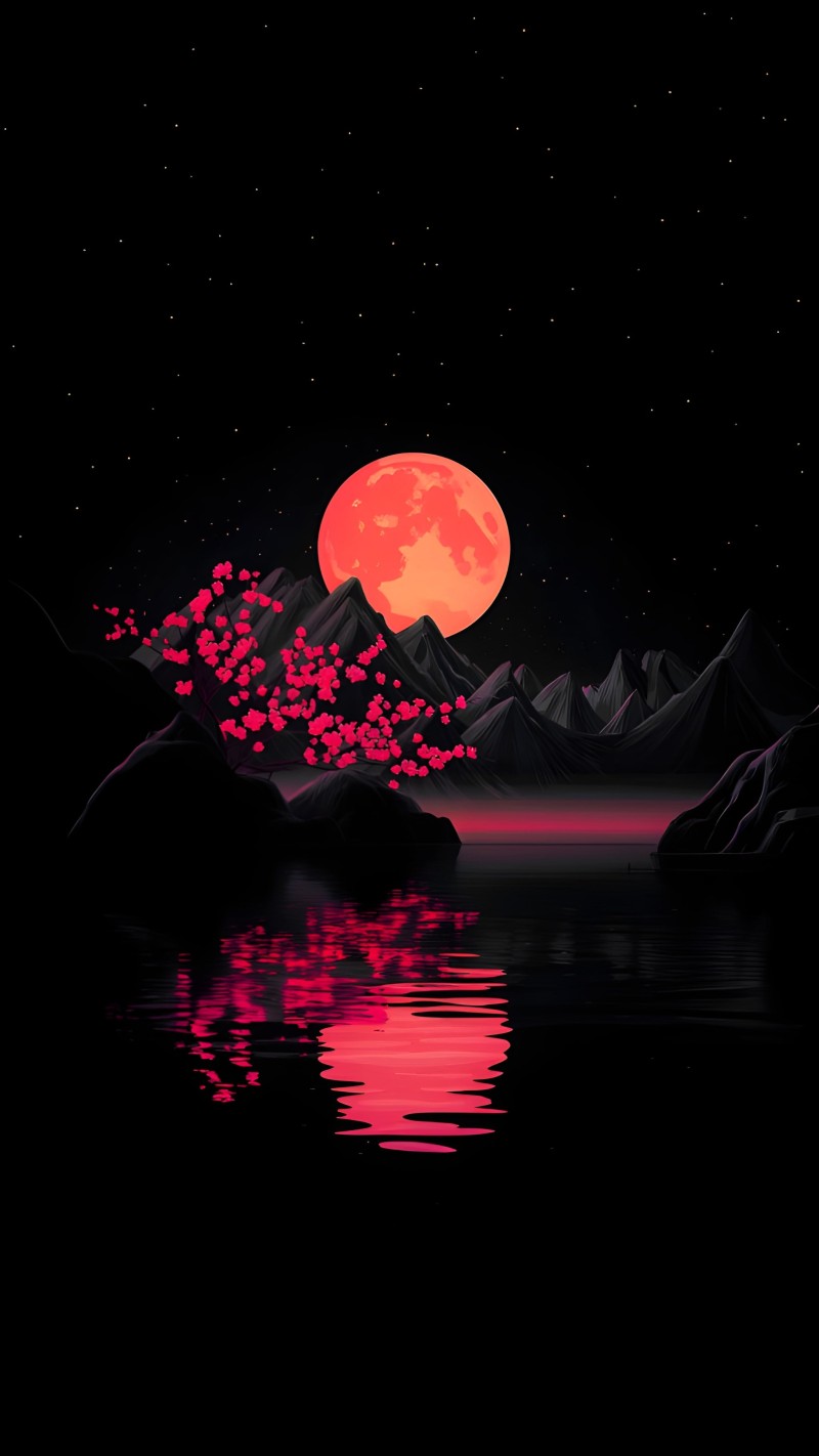 Serene Pink Moonlit Mountain Landscape Digital Art Wallpaper 4K X Wallpaper