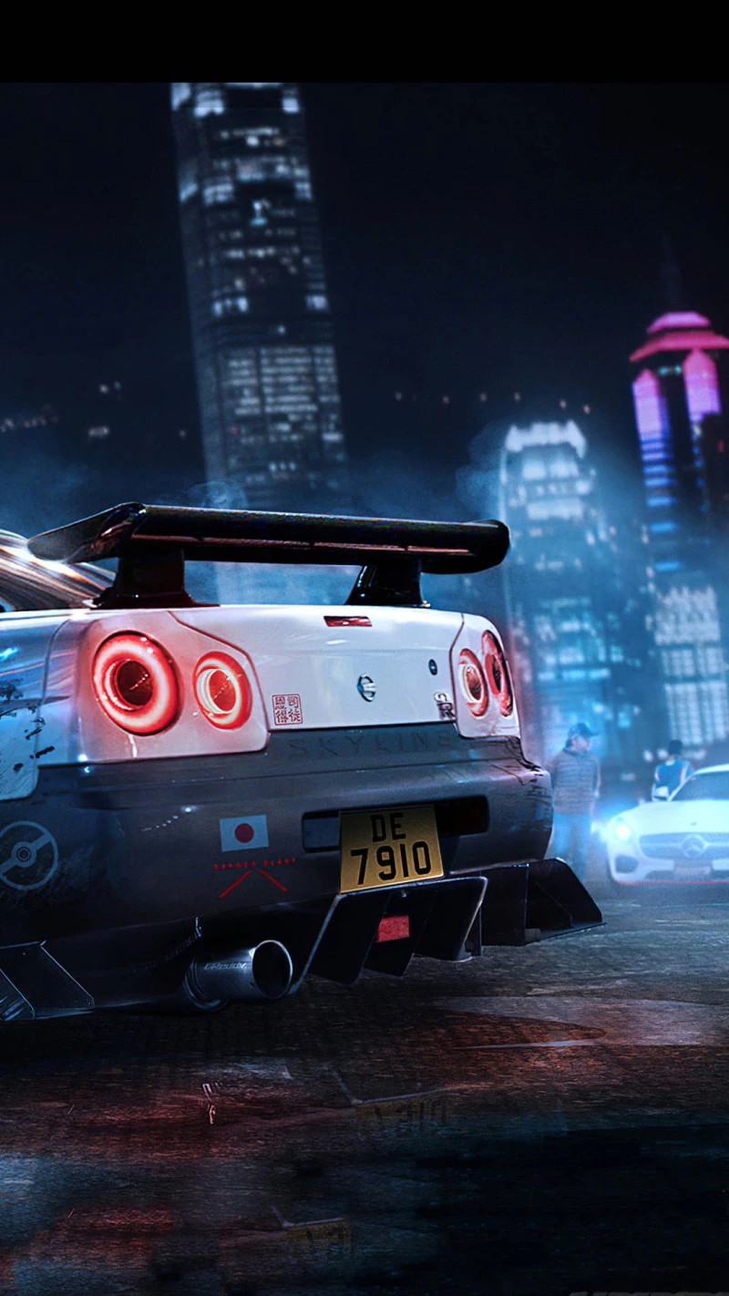 Nissan Skyline R34 in Hong Kong Cityscape 4K Mobile Wallpaper