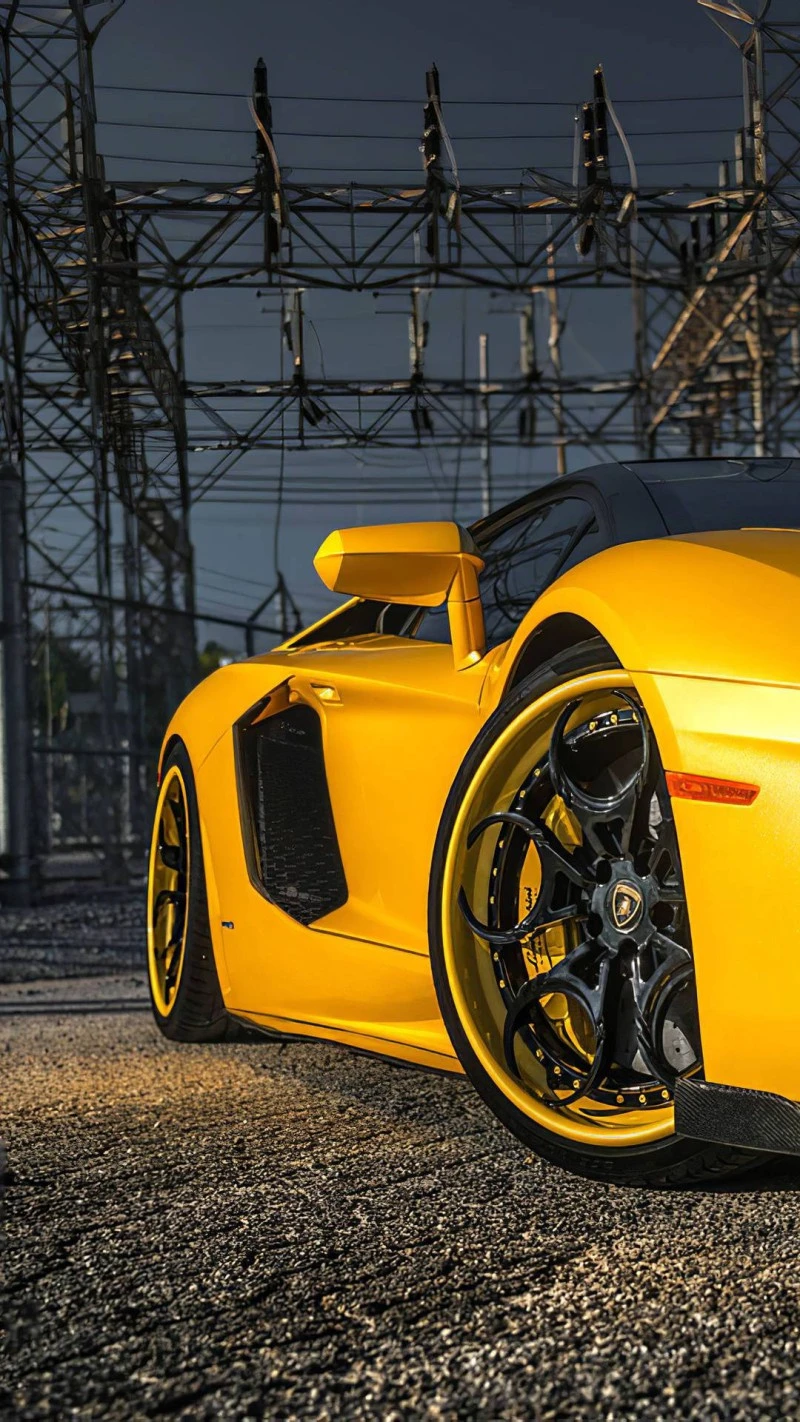 Yellow Lamborghini Aventador with Custom Wheels 4K Mobile Wallpaper