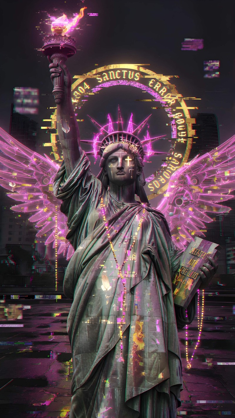 Vibrant Purple Statue of Liberty with Glowing Wings and Neon Style 4K Wing Wallpaper