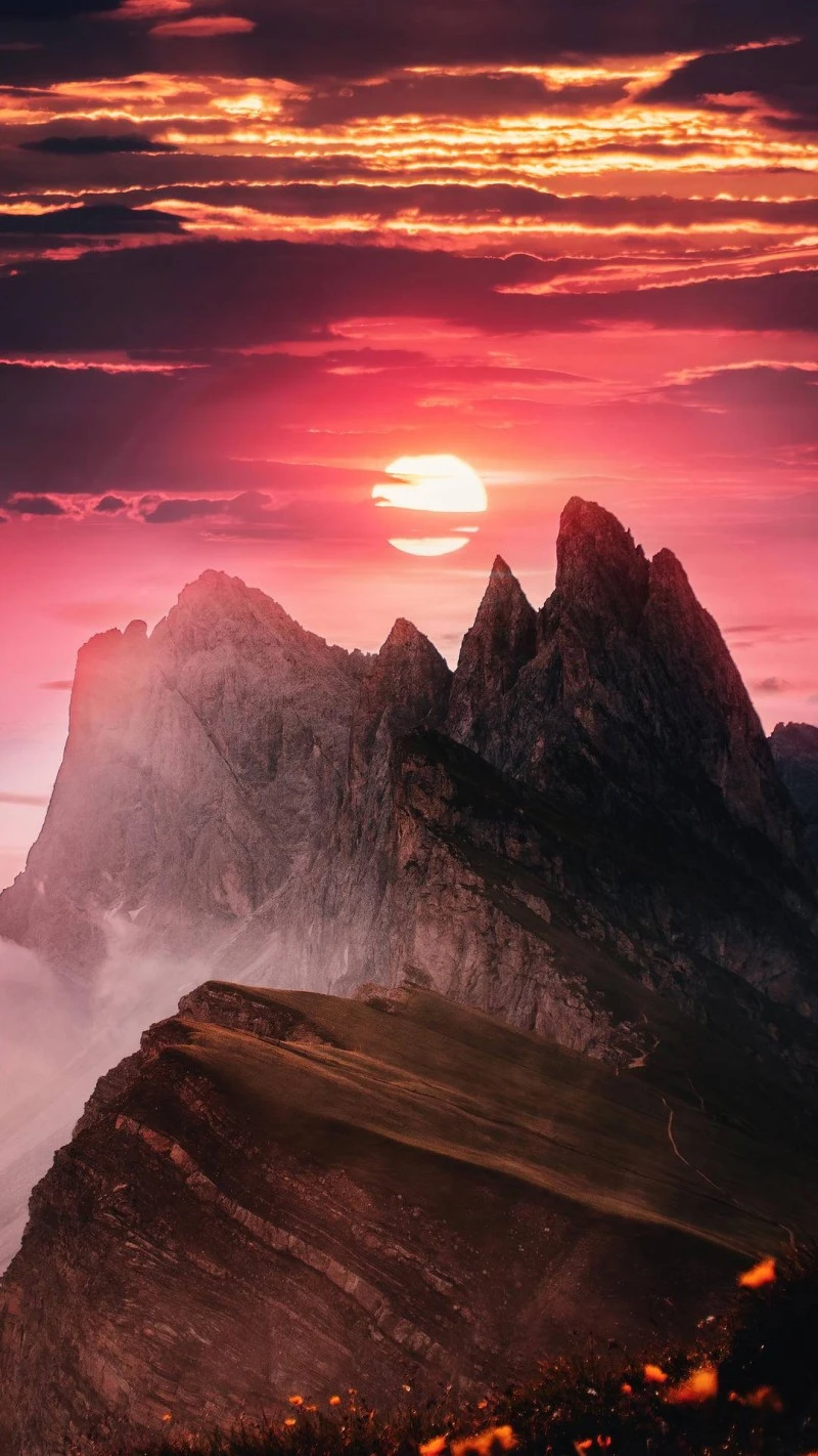 Crimson Sunset over the Dolomites 4K Mobile Wallpaper