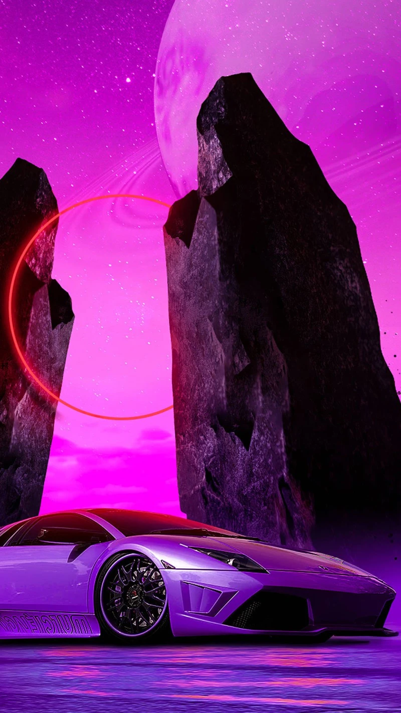 Purple Lamborghini in Alien Landscape 4K Mobile Wallpaper