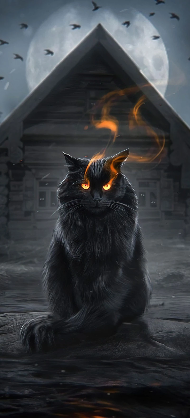 Mystical Black Cat Under the Full Moon 4K Mobile Wallpaper