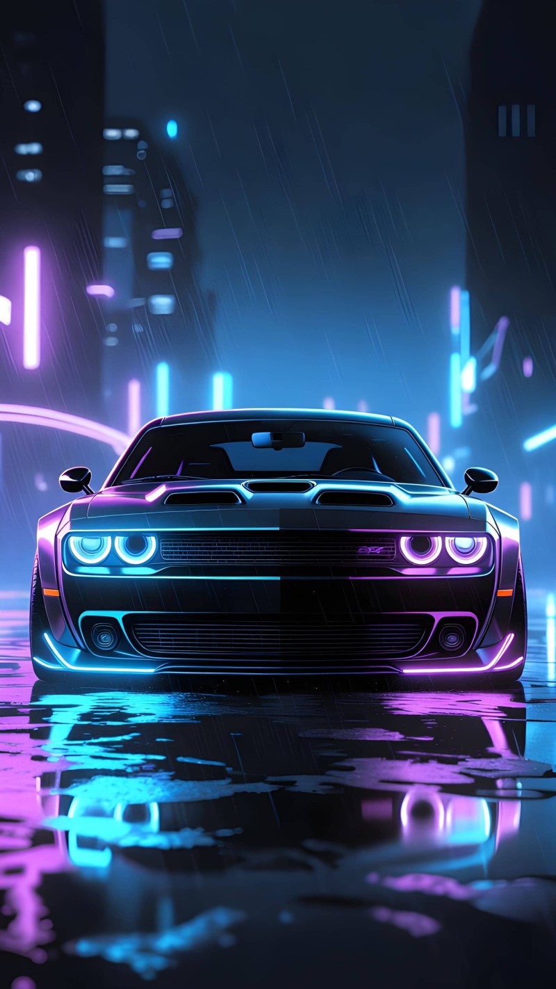 Wet Street Neon Dodge Challenger Reflections 4K Reflections Wallpaper