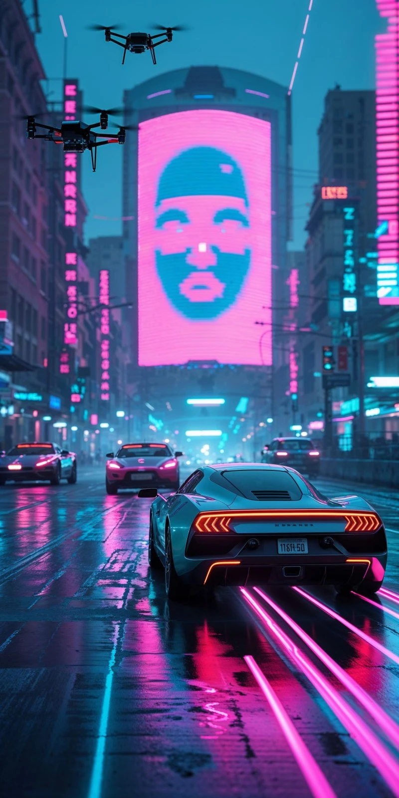 AI-Monitored Cyberpunk Street Scene 4K Mobile Wallpaper
