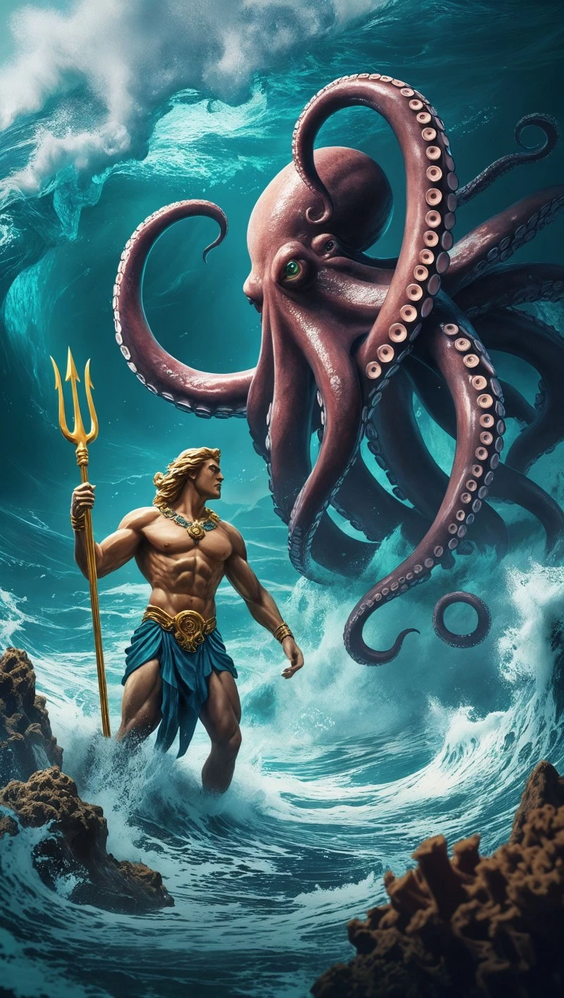 AI-Generated Poseidon vs. Kraken 4K Mobile Wallpaper