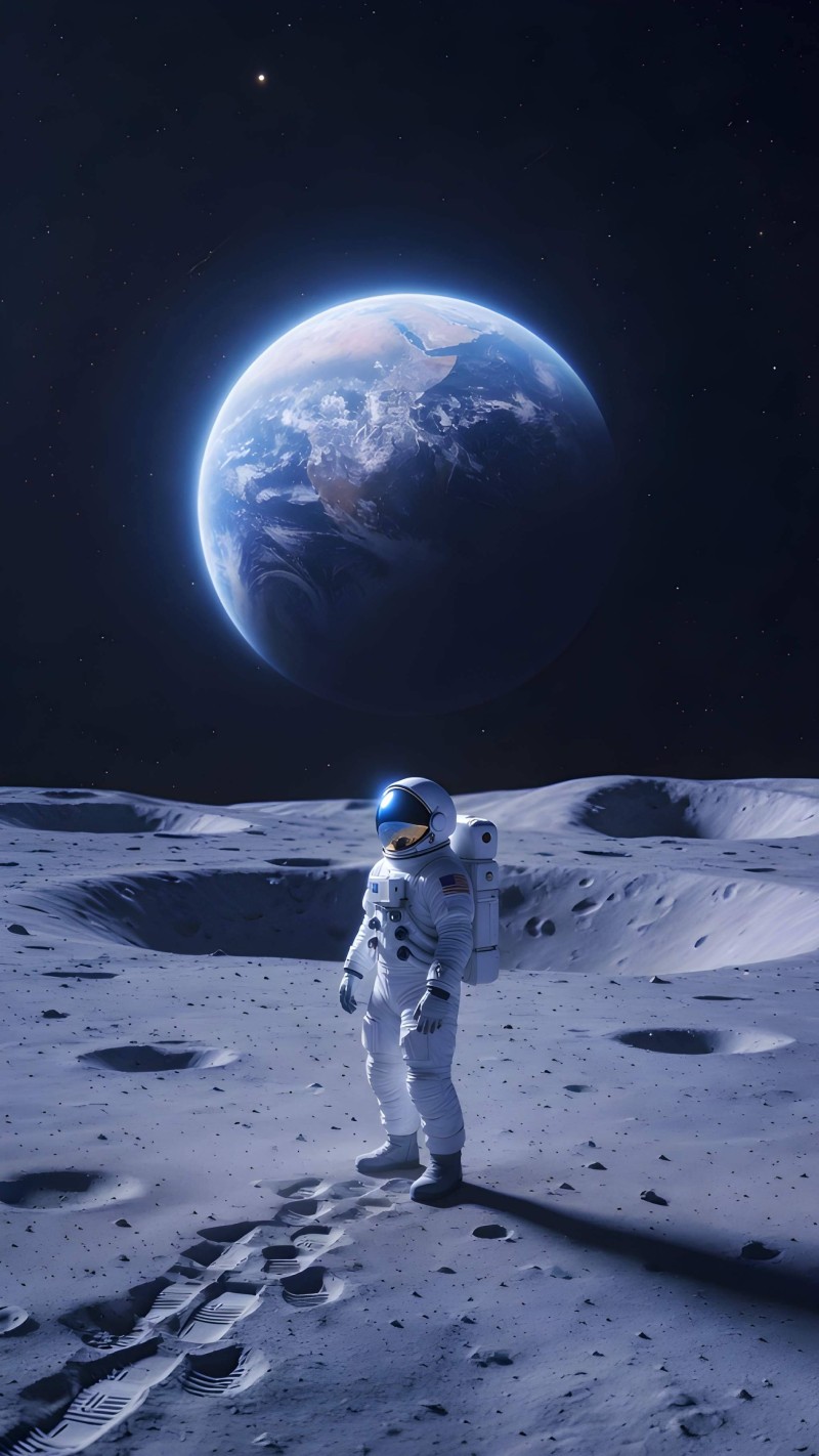 Astronaut Views Earth 4K Moon Wallpaper