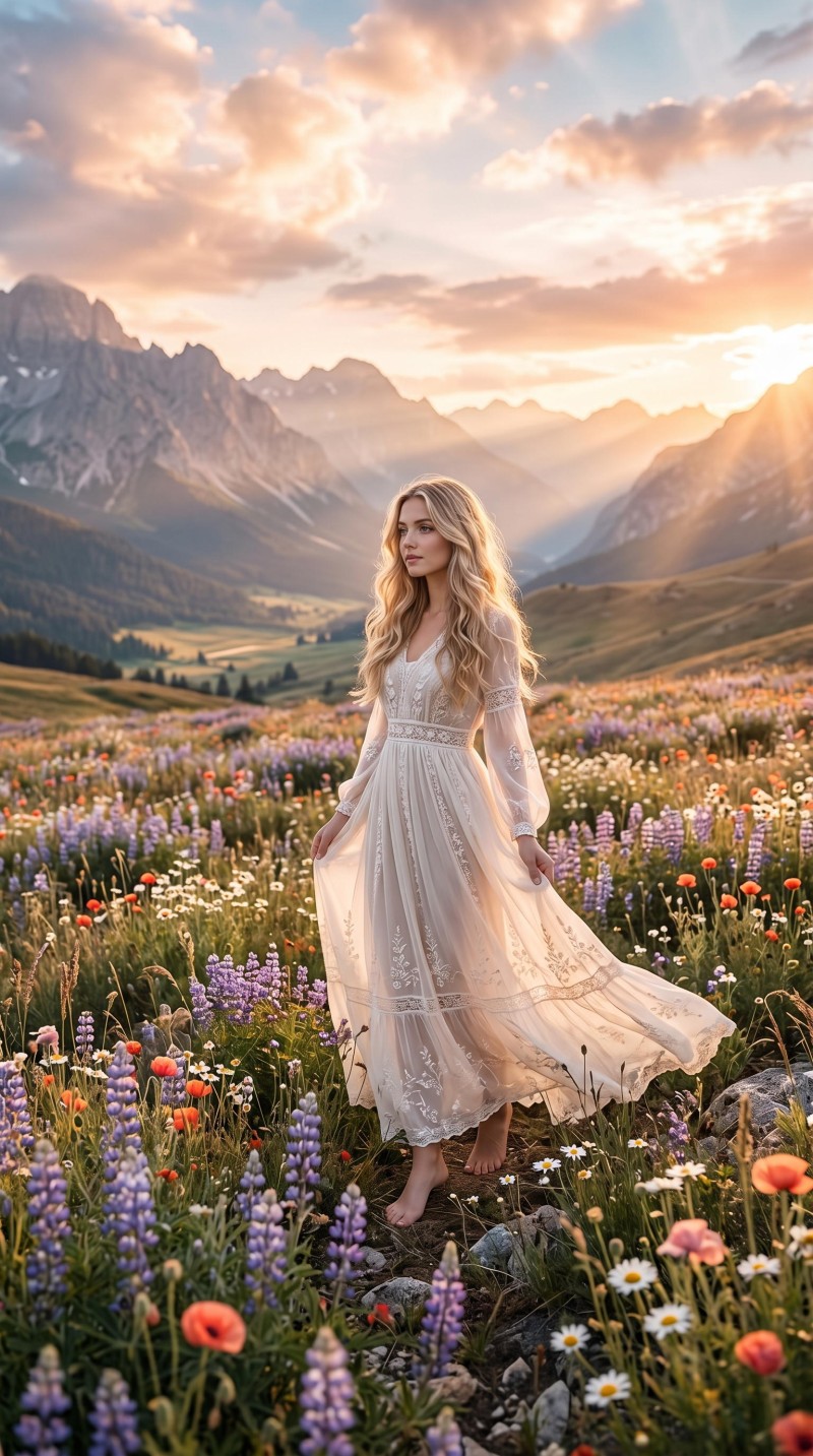 Ethereal Beautiful Girl in Flowing White Dress on Flower Field 4K Field Wallpaper
