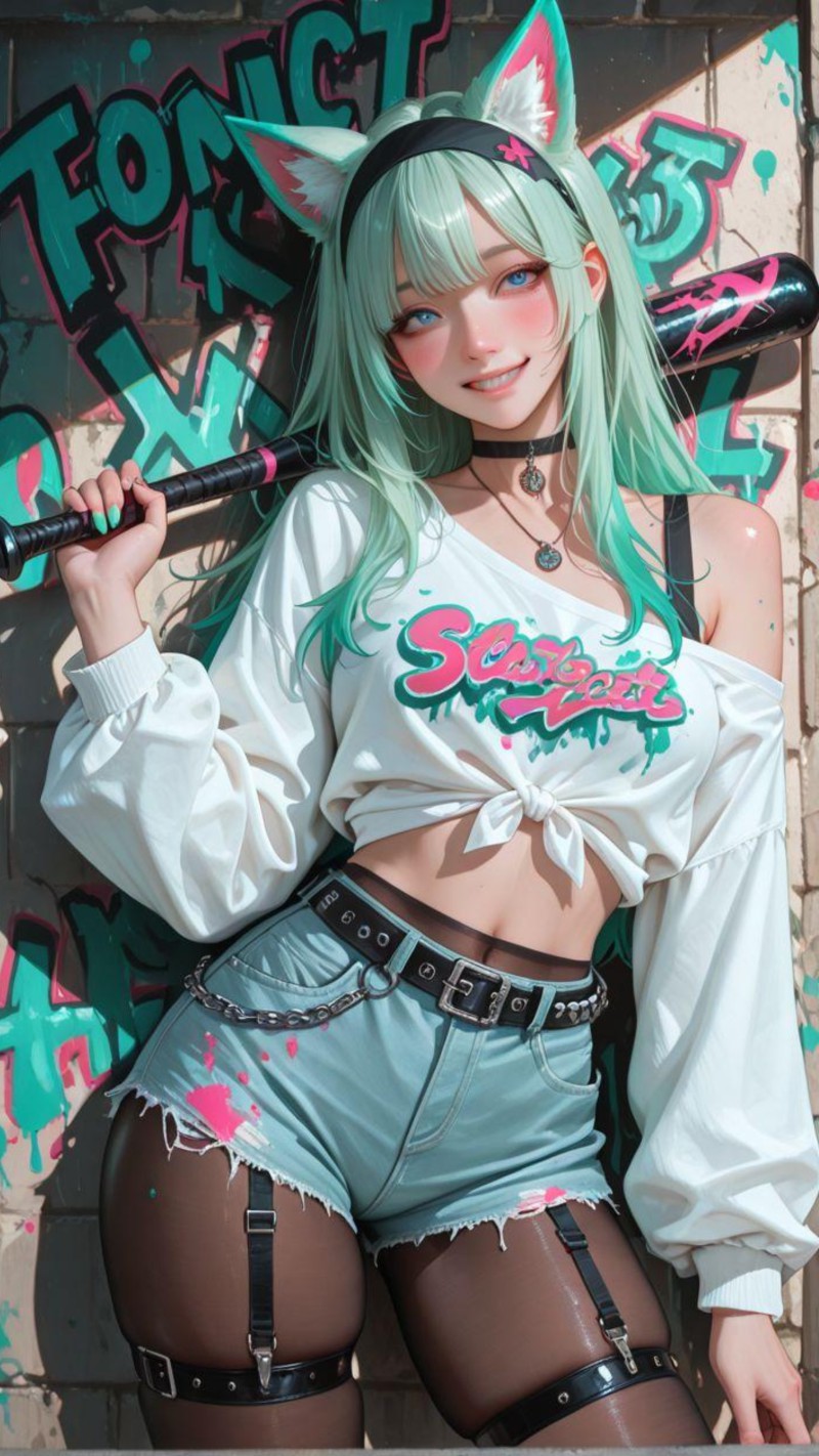 Green-Haired Anime Girl with Cat Ears and Bat 4K Ears Wallpaper