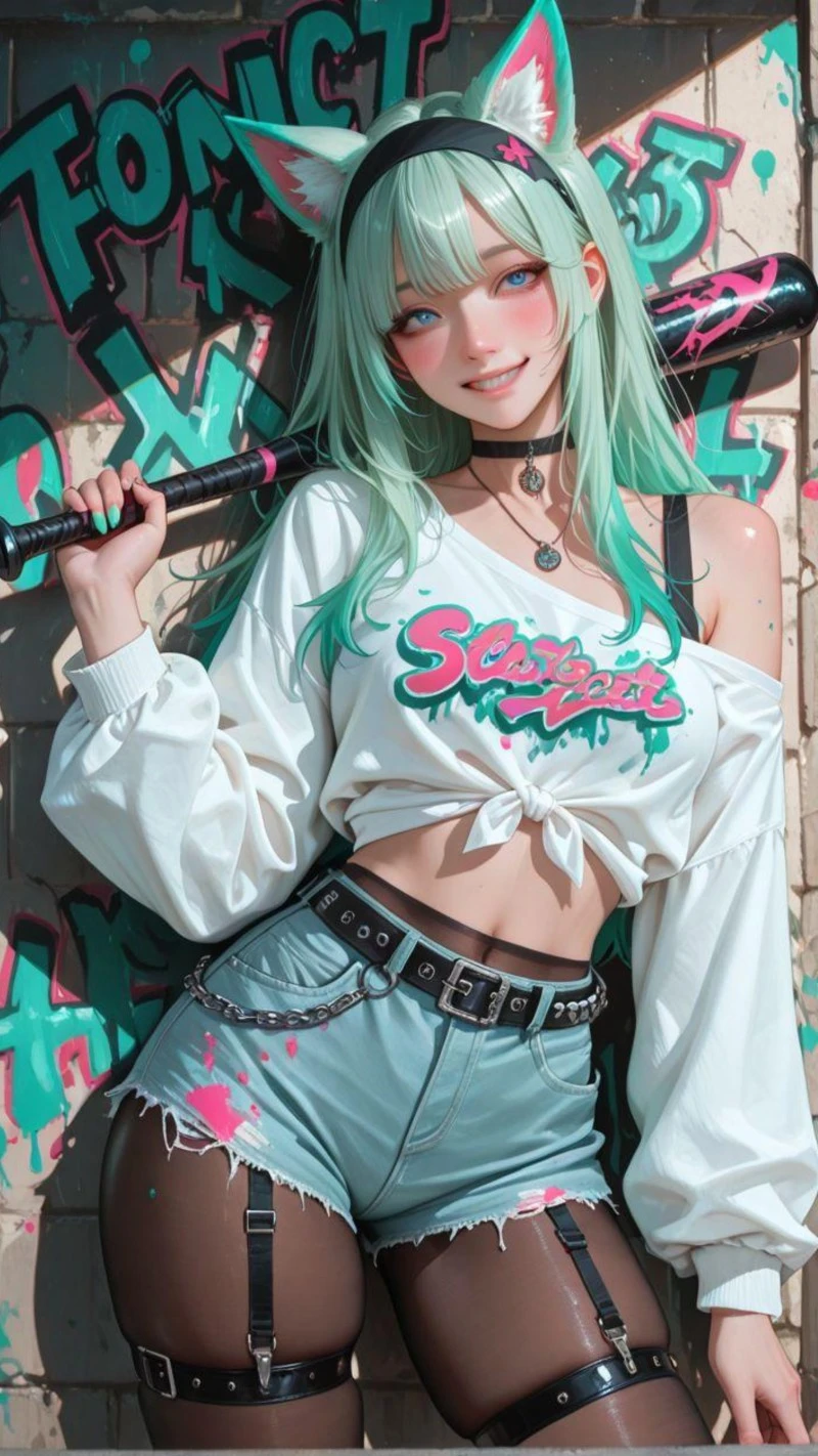 Green-Haired Anime Girl with Cat Ears and Bat 4K Mobile Wallpaper