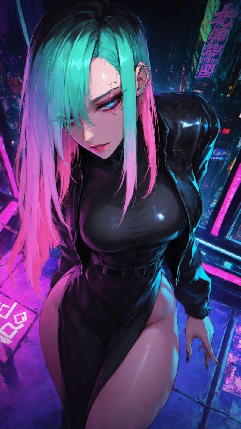 Cyberpunk Girl in Black Leather with Neon City 4K Tea Wallpaper