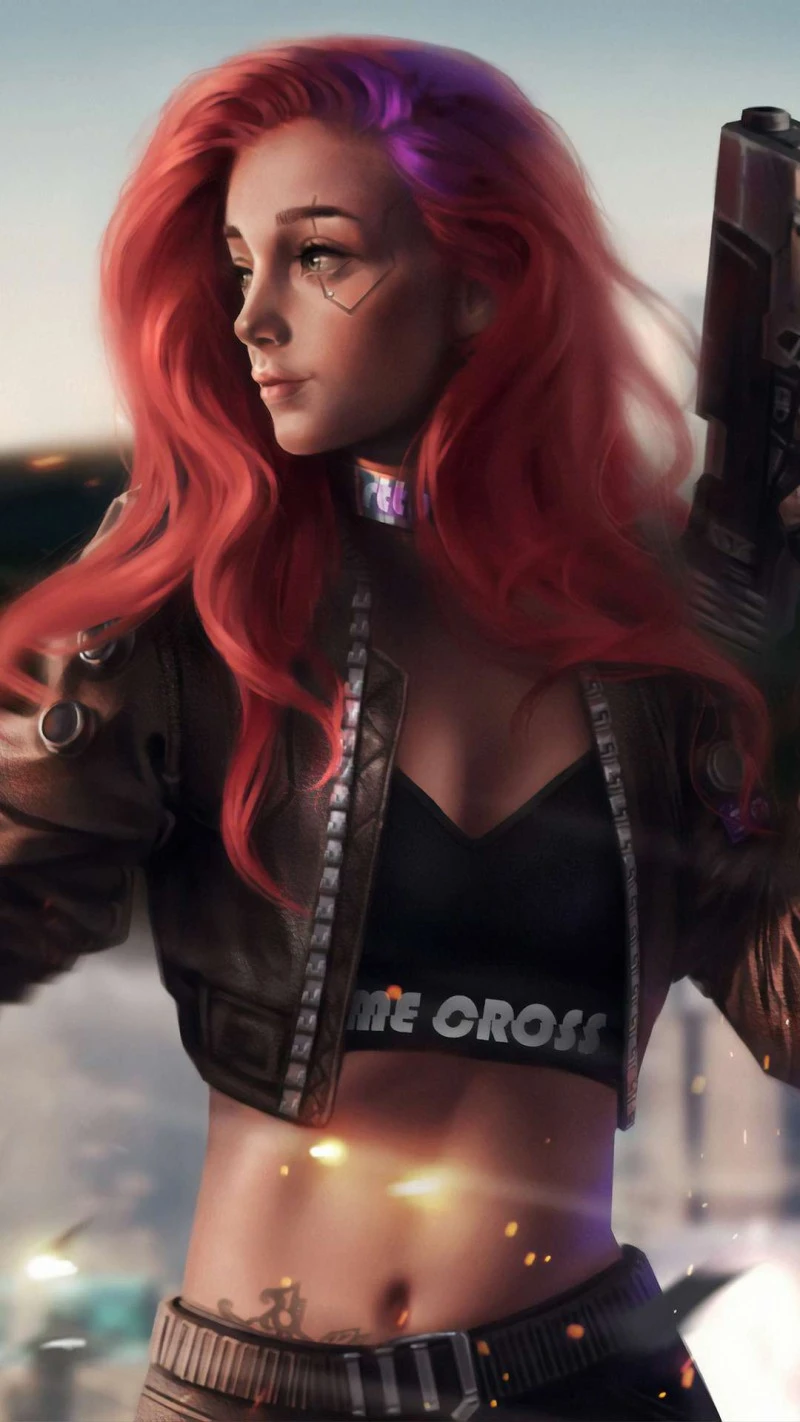 Red-Haired Cyberpunk Woman 4K Mobile Wallpaper