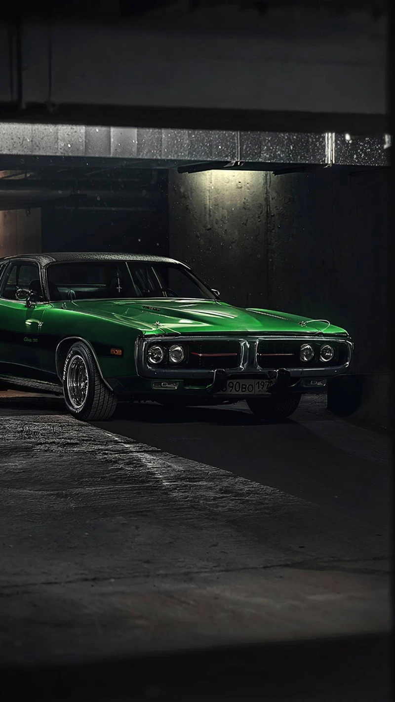 Classic Green Dodge Charger in Parking Garage 4K Mobile Wallpaper