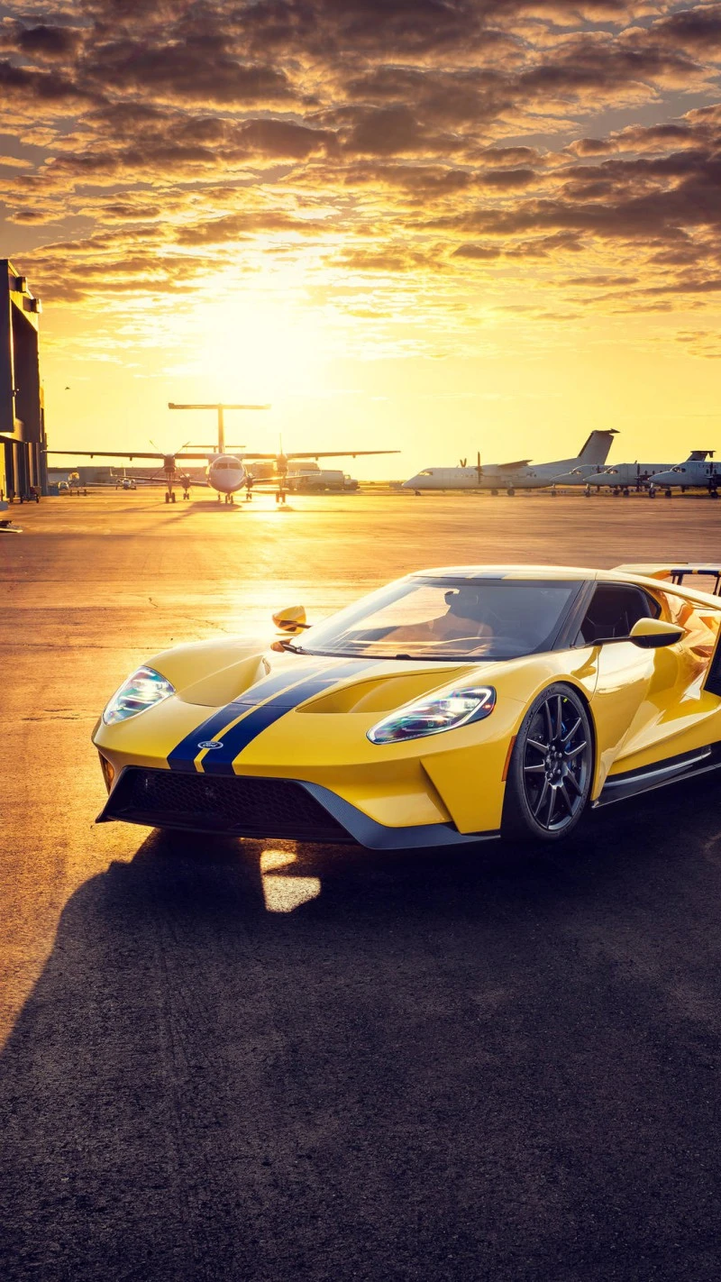 Yellow Ford GT at Sunset 4K Mobile Wallpaper
