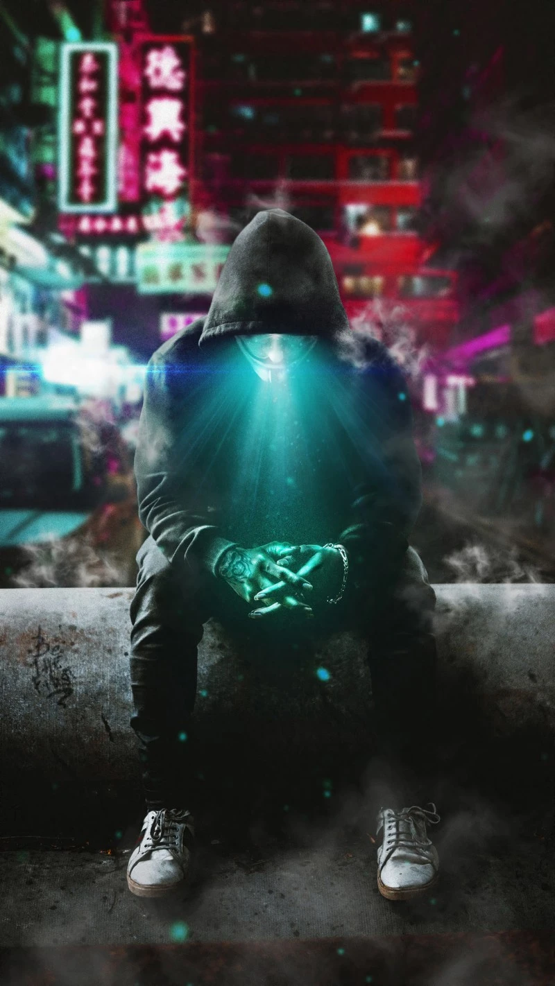 Anonymous Hacker in Cyberpunk City 4K Mobile Wallpaper