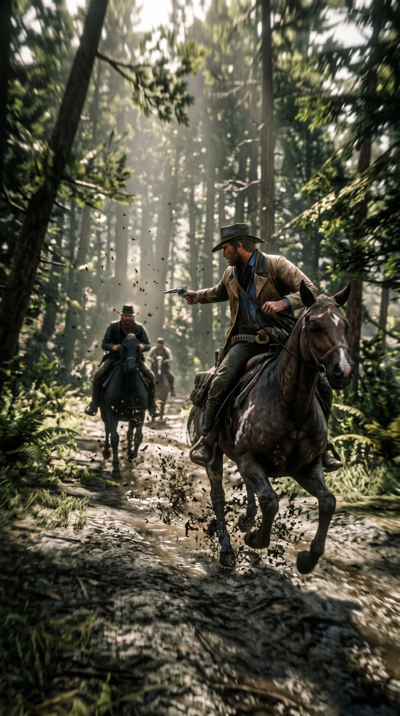 Arthur Morgan Riding Through Forest in Red Dead Redemption Game 4K Red dead Wallpaper