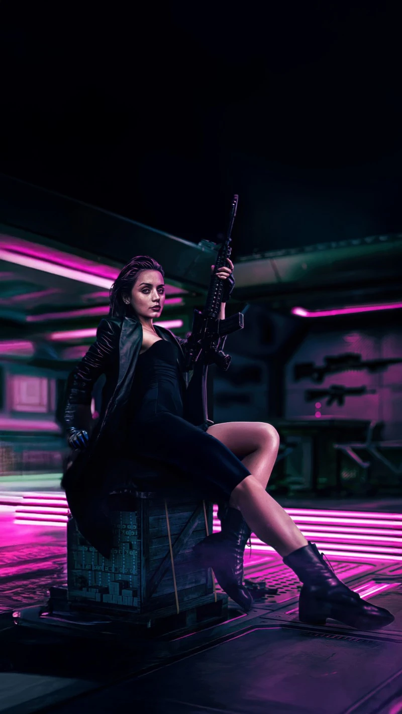 Cyberpunk Woman with Rifle 4K Mobile Wallpaper