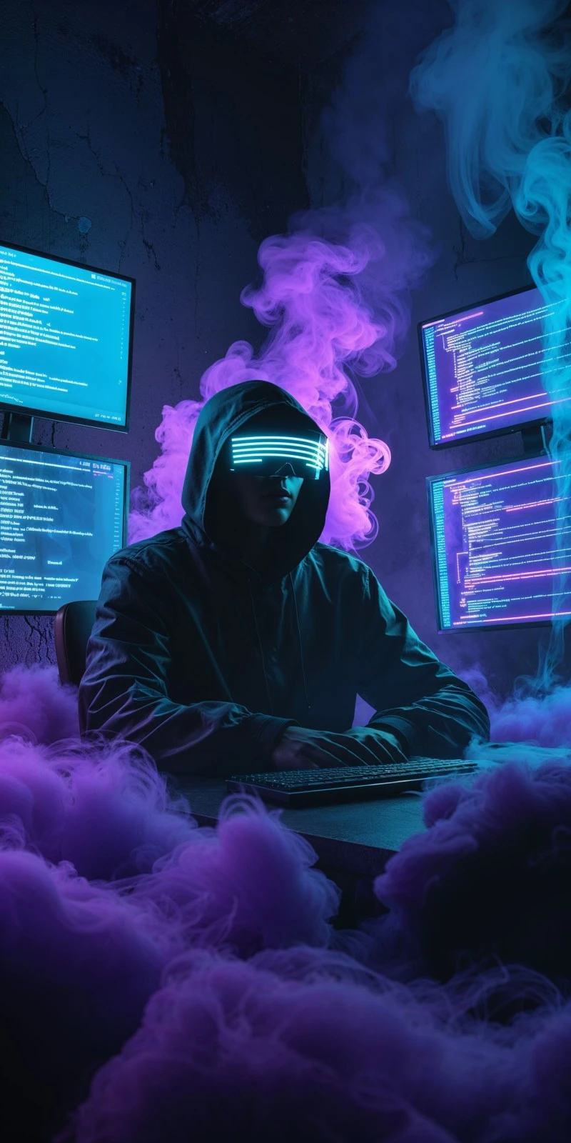 AI Hacker in Smoke-Filled Room 4K Mobile Wallpaper
