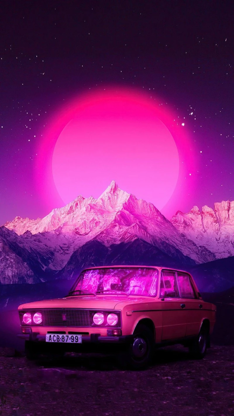 Retro Mountain Drive 4K Mobile Wallpaper