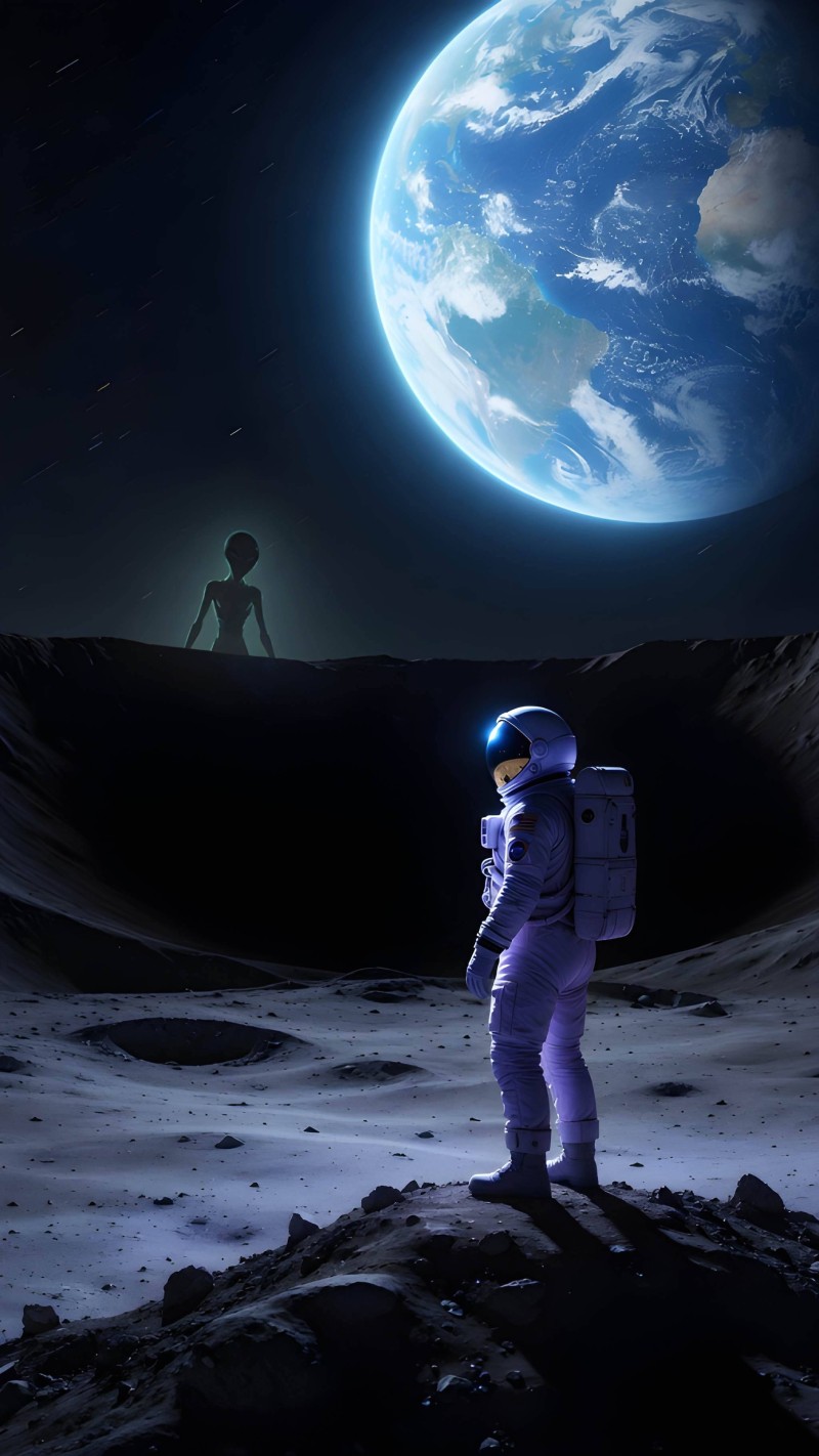 Cosmic Encounter on Lunar Horizon 4K Alien encounter Wallpaper
