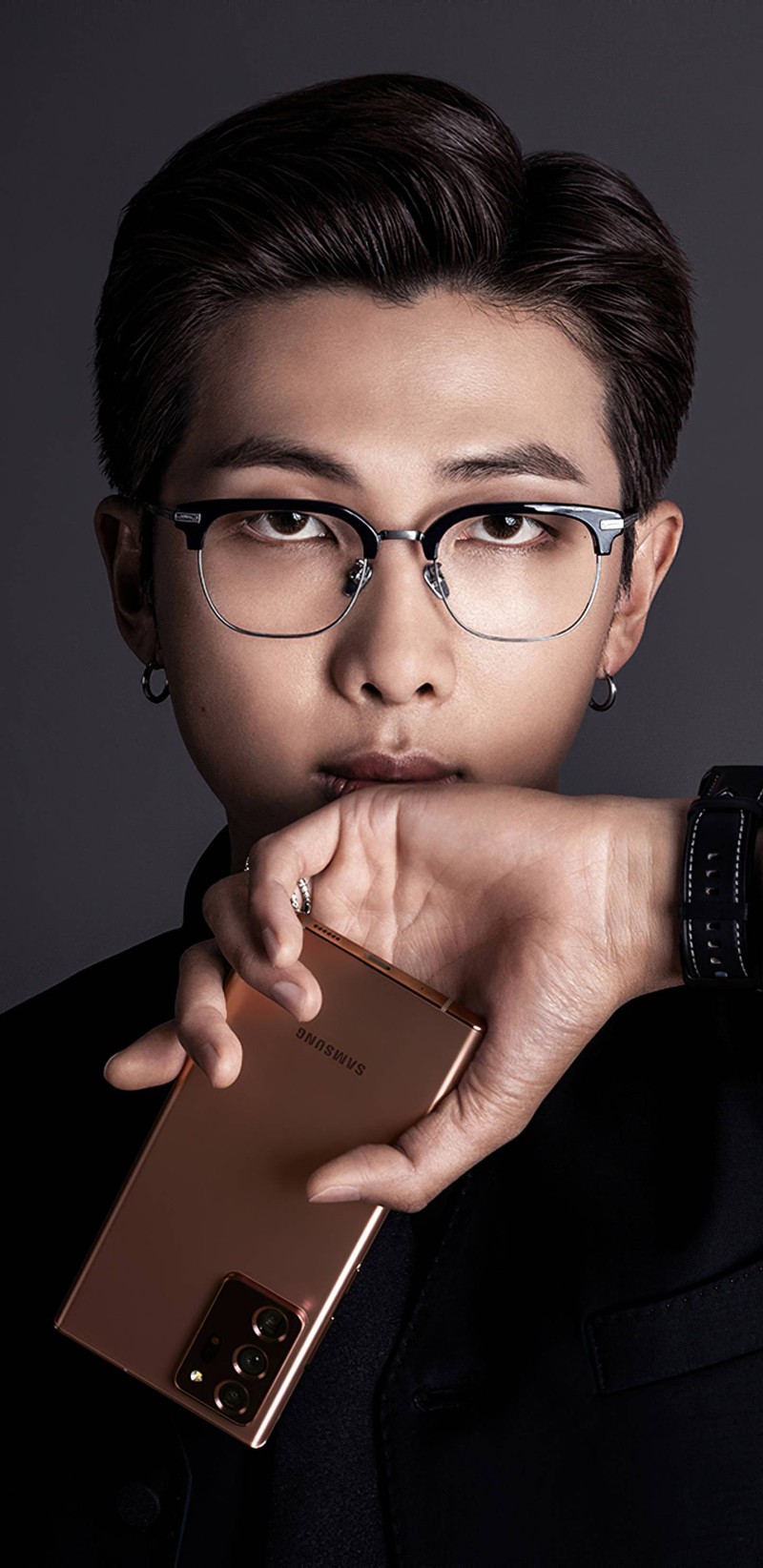 RM BTS Stylish Portrait with Gold Samsung Phone 4K Ash Wallpaper