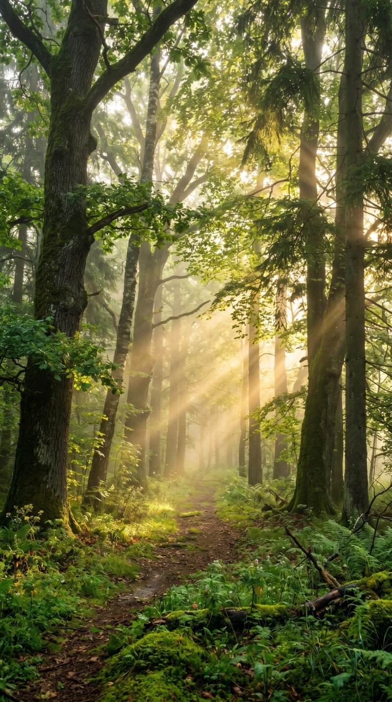 Misty Forest Pathway with Sunbeams AMOLED Wallpaper 4K Forest Wallpaper
