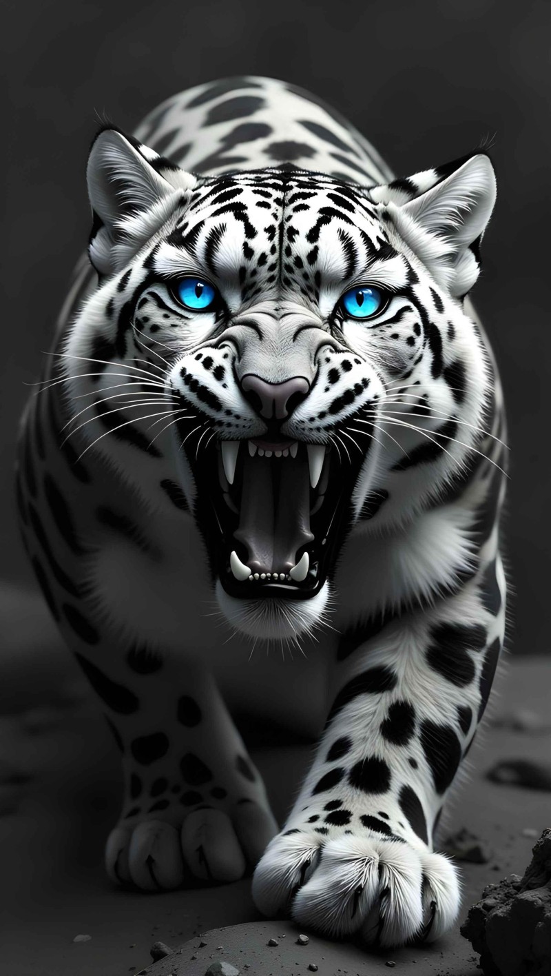 Fierce White Snow Leopard Wallpaper with Blue Eyes and Dark Background 4K Eye Wallpaper