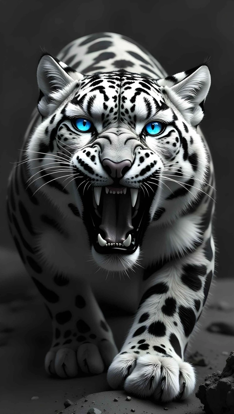 Fierce White Snow Leopard Wallpaper with Blue Eyes and Dark Background 4K Mobile Wallpaper