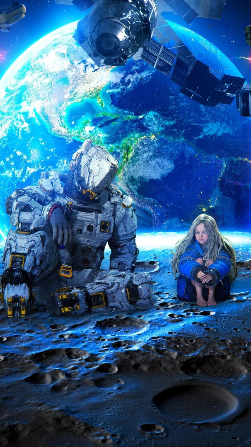 Space Scene with a Girl and Robot 4K Mobile Wallpaper
