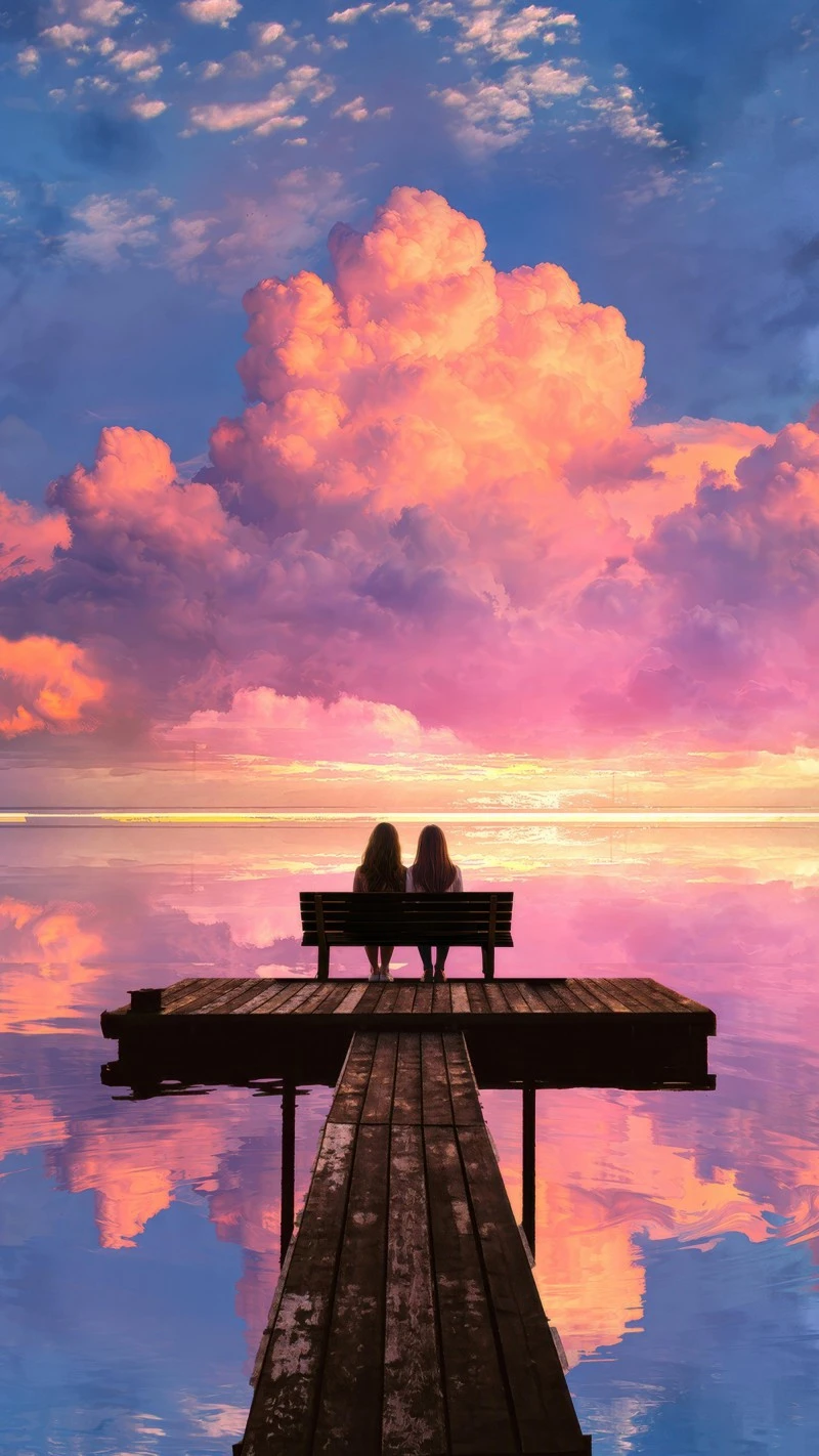 Couple on a Dock at Sunset 4K Mobile Wallpaper