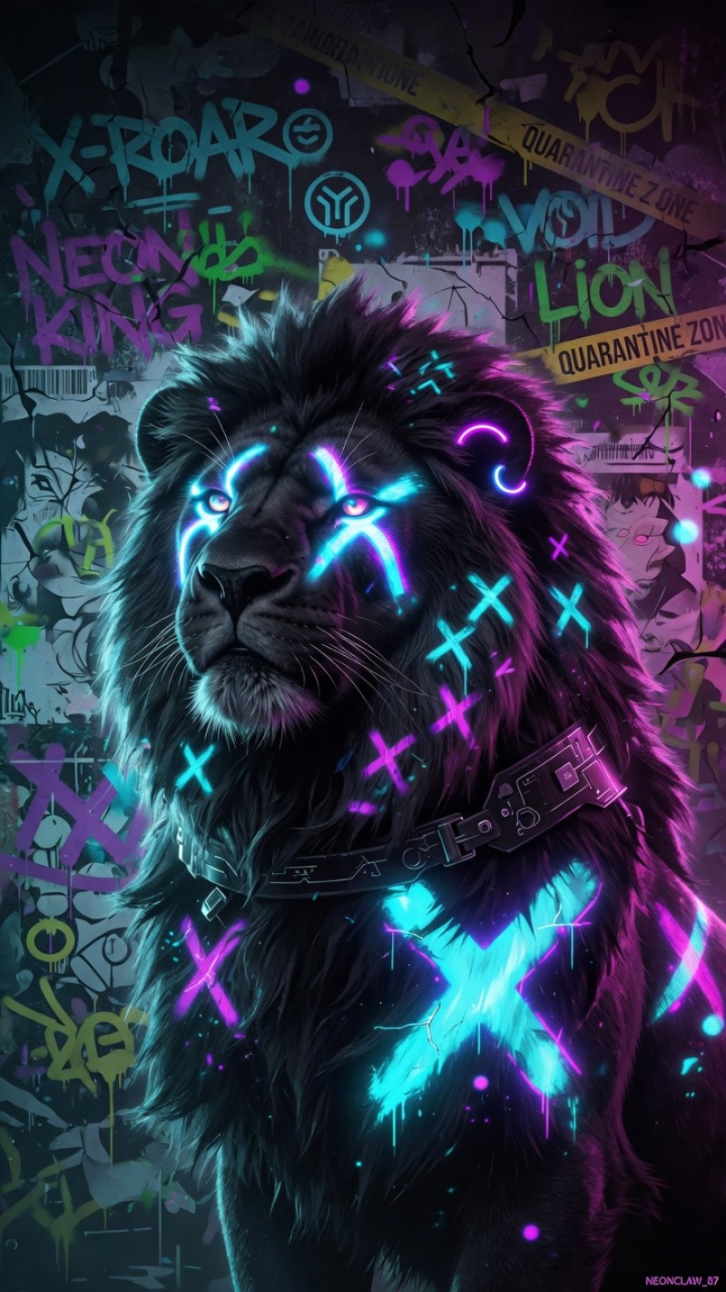 Neon Lion Graffiti Art Phone Wallpaper Background 4K Black background Wallpaper
