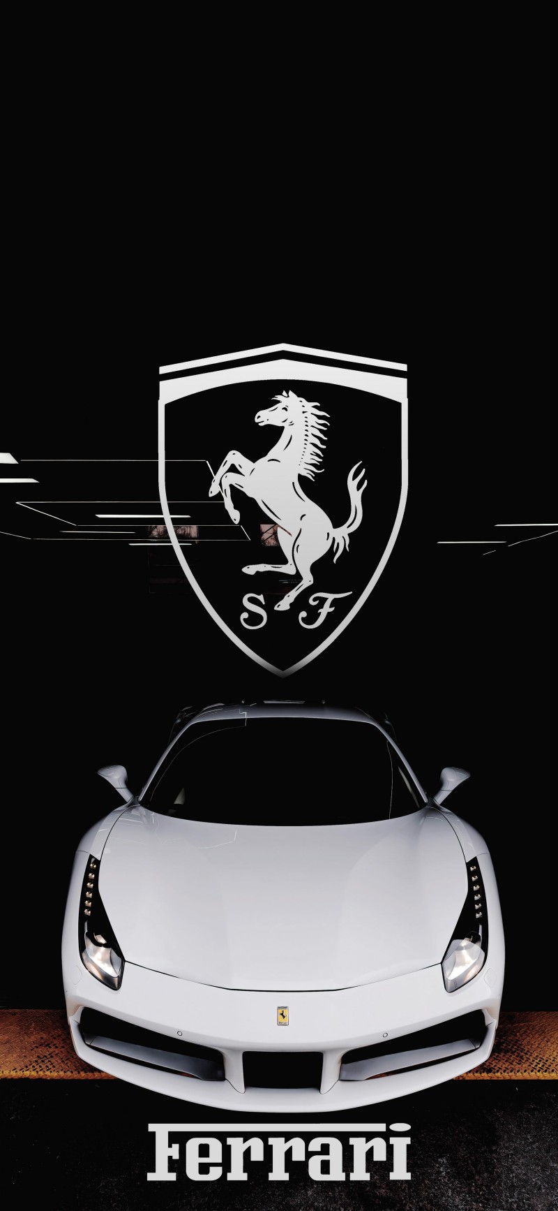 Sleek White Ferrari Sports Car Parked in a Dark Garage 4K X Wallpaper