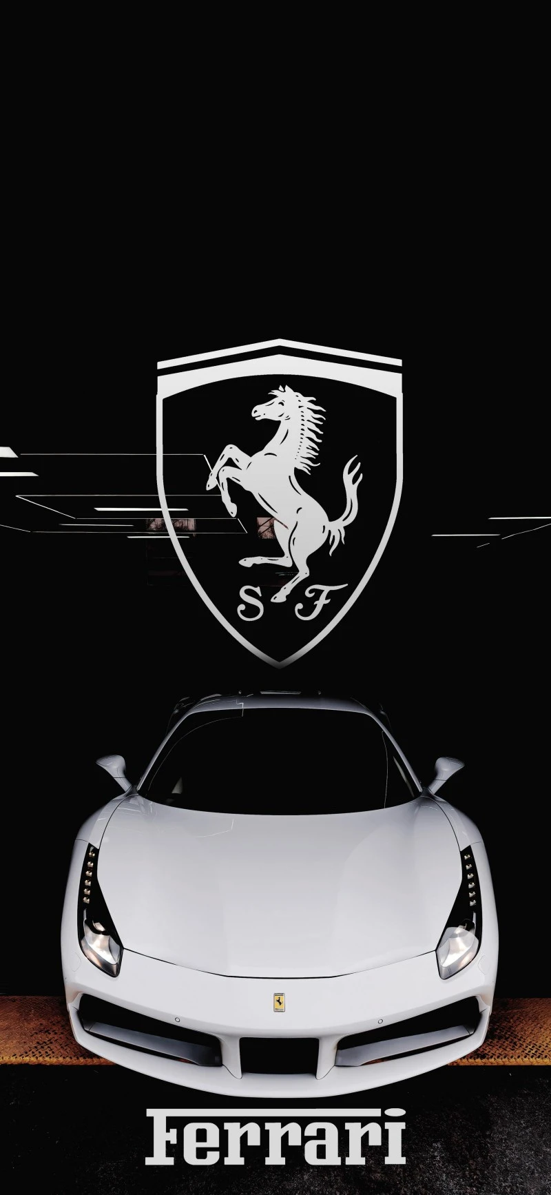 Sleek White Ferrari Sports Car Parked in a Dark Garage 4K Mobile Wallpaper