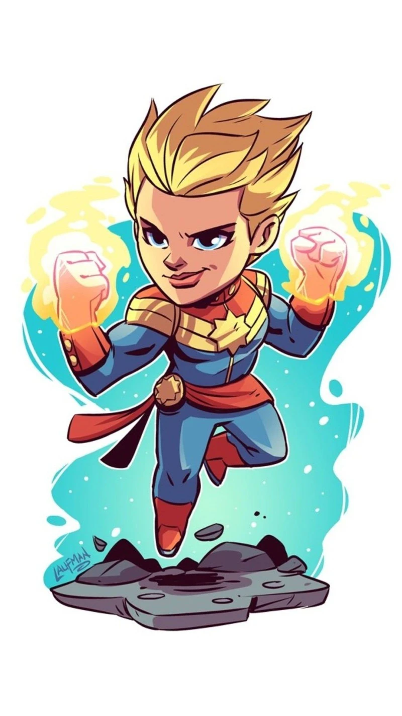 Chibi Captain Marvel Flying 4K Mobile Wallpaper