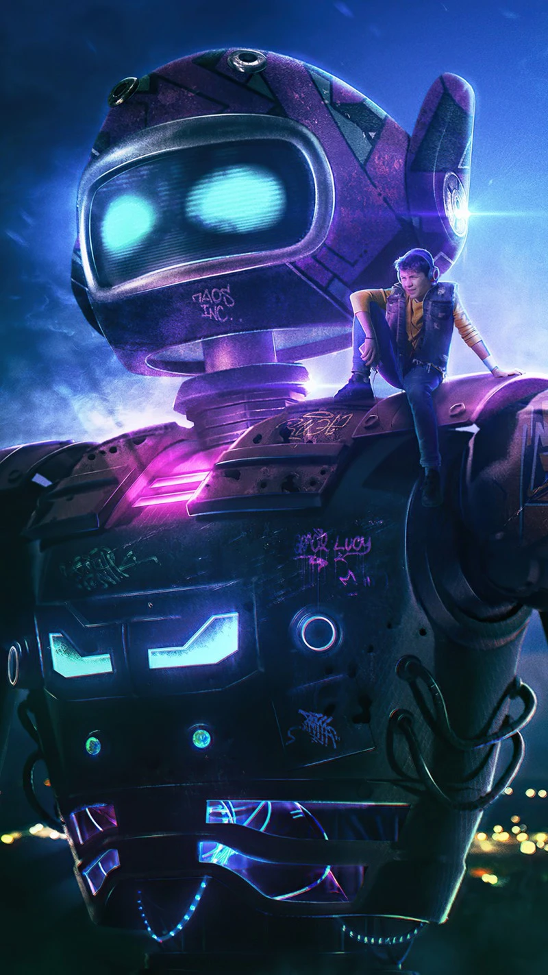 Kid and Giant Neon Robot 4K Mobile Wallpaper