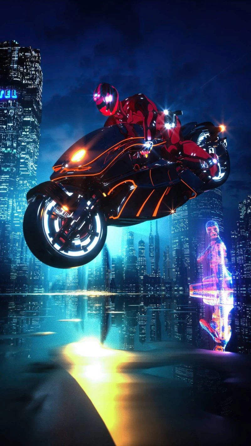 Cyberpunk Motorcycle Jump 4K Mobile Wallpaper