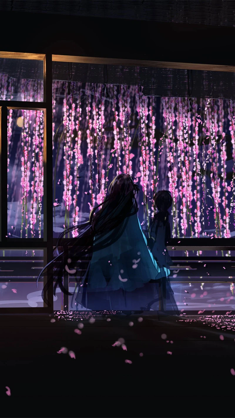 Anime Girls Under Wisteria 4K Mobile Wallpaper