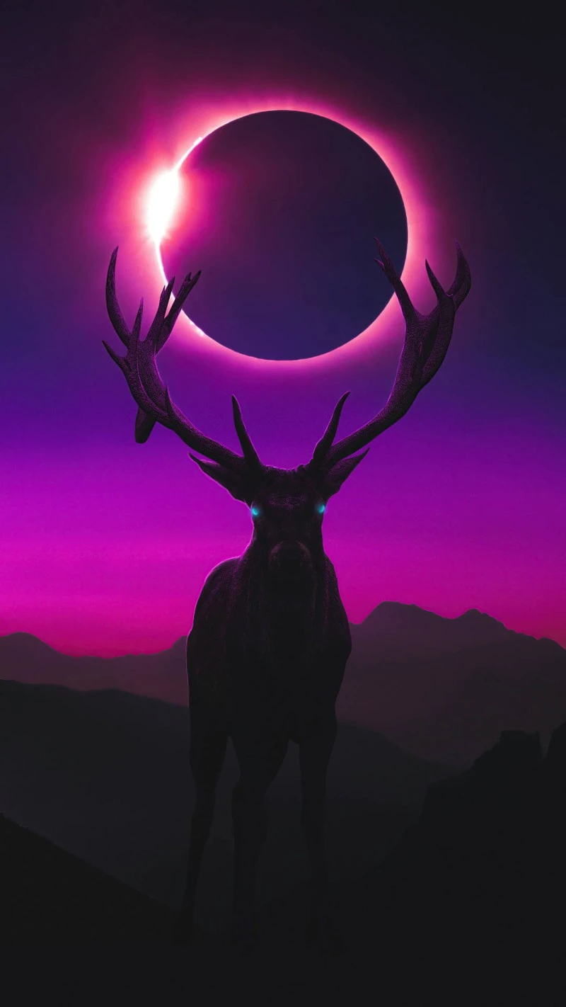 Deer and Solar Eclipse Neon Art 4K Mobile Wallpaper