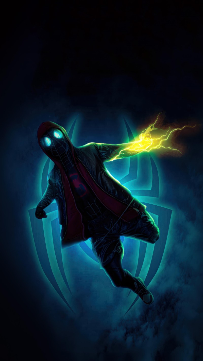 Dark Miles Morales Superhero Wallpaper with Glowing Eyes and Lightning 4K Wing Wallpaper