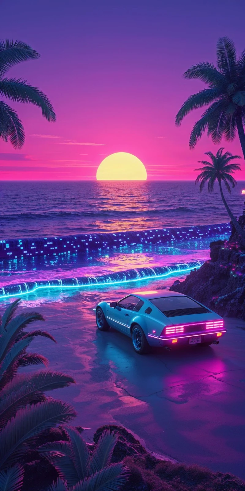 AI-Generated Retro Scene: 80s Sports Car at Sunset Beach 4K Mobile Wallpaper
