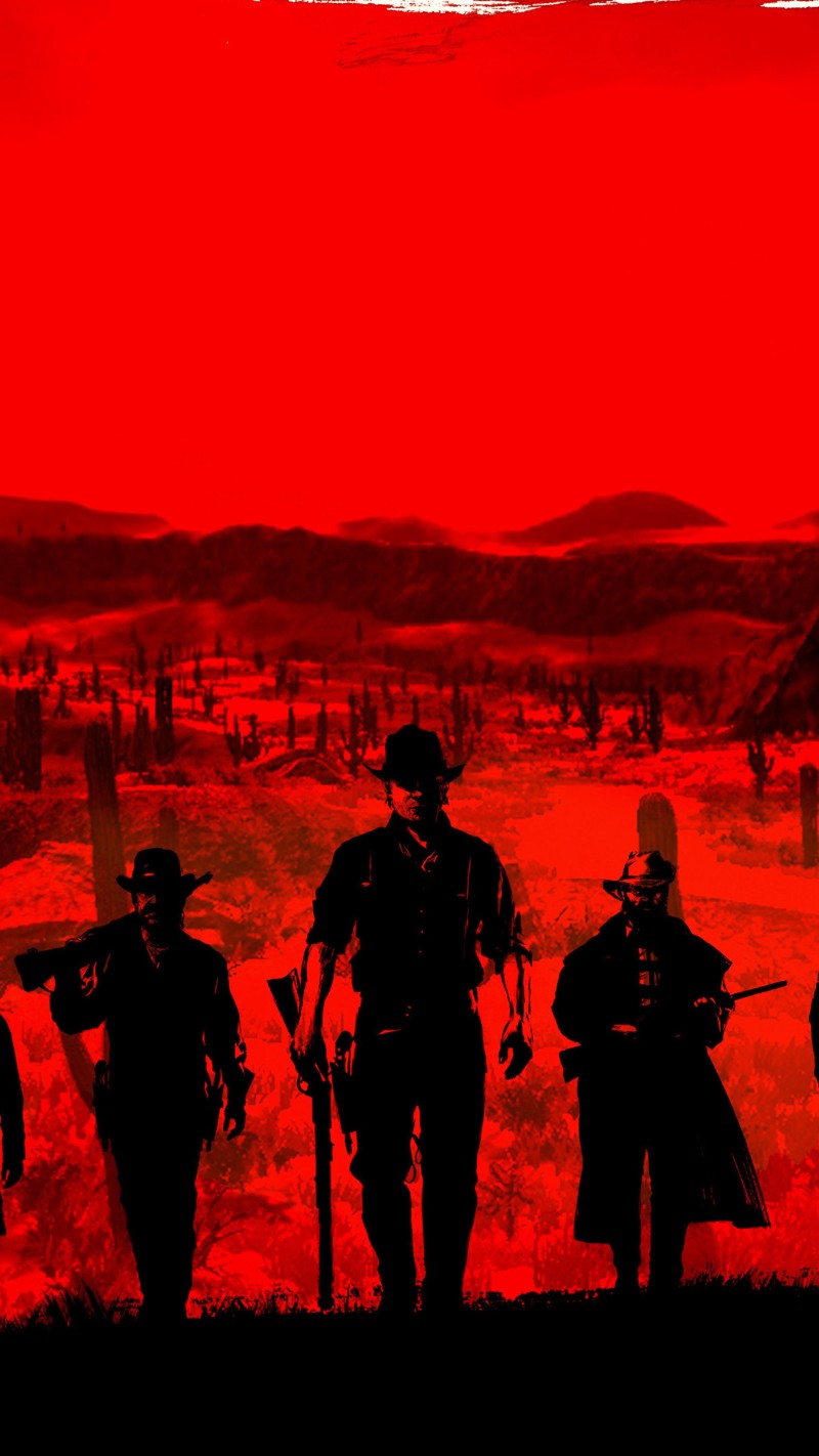 Vibrant Red Cowboy Silhouettes Western Landscape Digital Art Style Ending 4K Mobile Wallpaper