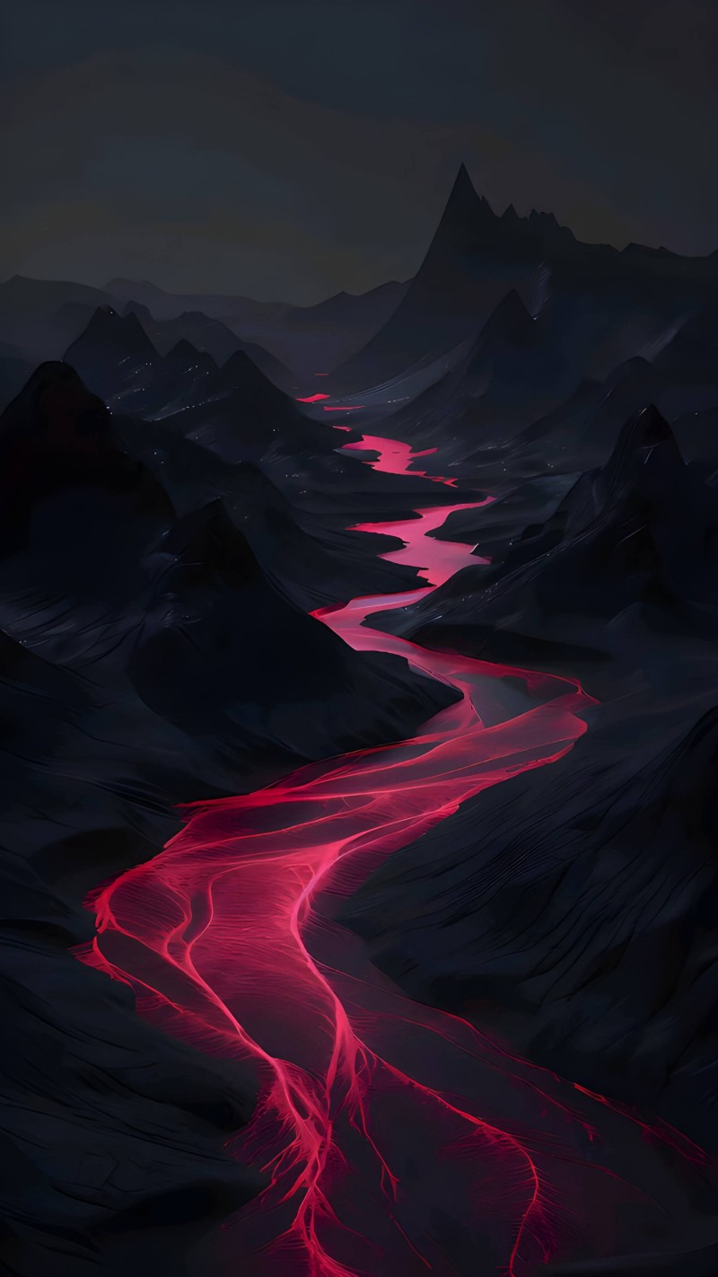 Dark Red River Flowing Through Mountains AMOLED Wallpaper 4K Red Wallpaper