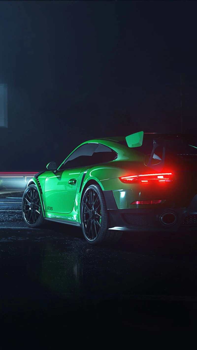 Green Porsche 911 GT2 RS in the Rain 4K Mobile Wallpaper