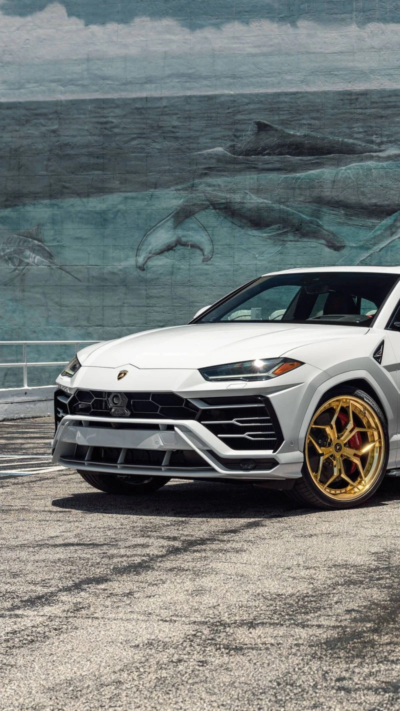 White Lamborghini Urus with Gold Wheels 4K Mobile Wallpaper