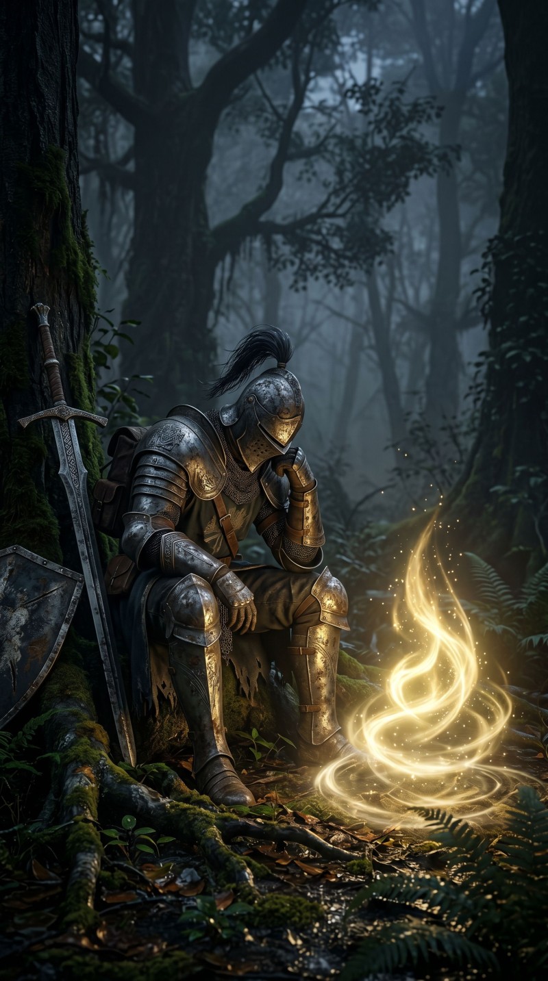 Dark Fantasy Knight Sitting on Mossy Forest Floor Serenely 4K Mobile Wallpaper