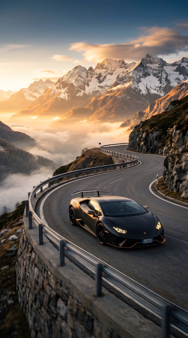 Black Lamborghini Winding Mountain Road Sunset Mobile Wallpaper 4K Wind Wallpaper