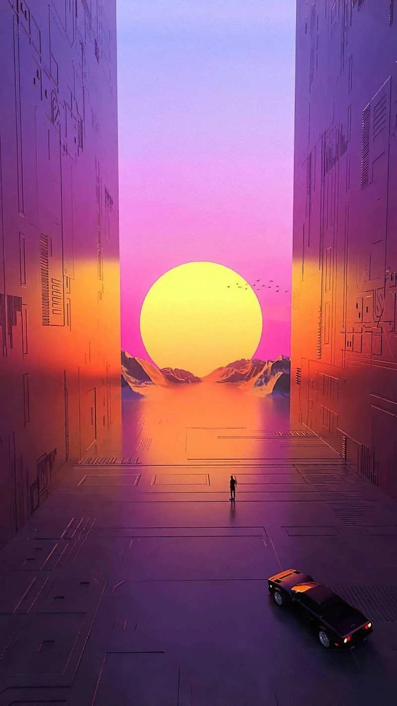 Retro-Futuristic Sunset 4K Mobile Wallpaper