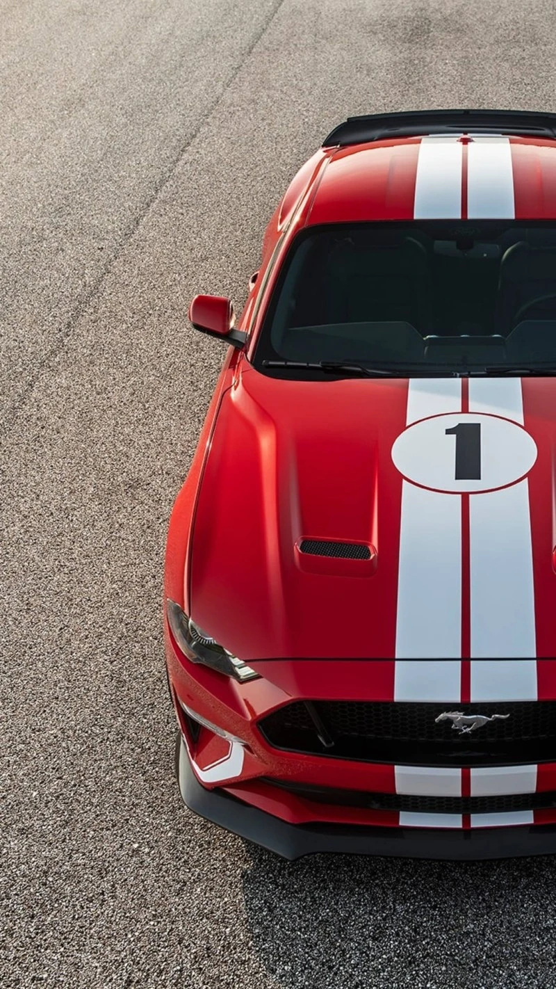 Red Ford Mustang with Racing Stripes 4K Mobile Wallpaper