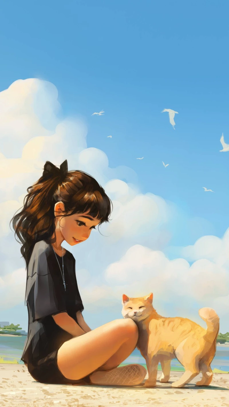 Girl and Cat on the Beach 4K Mobile Wallpaper